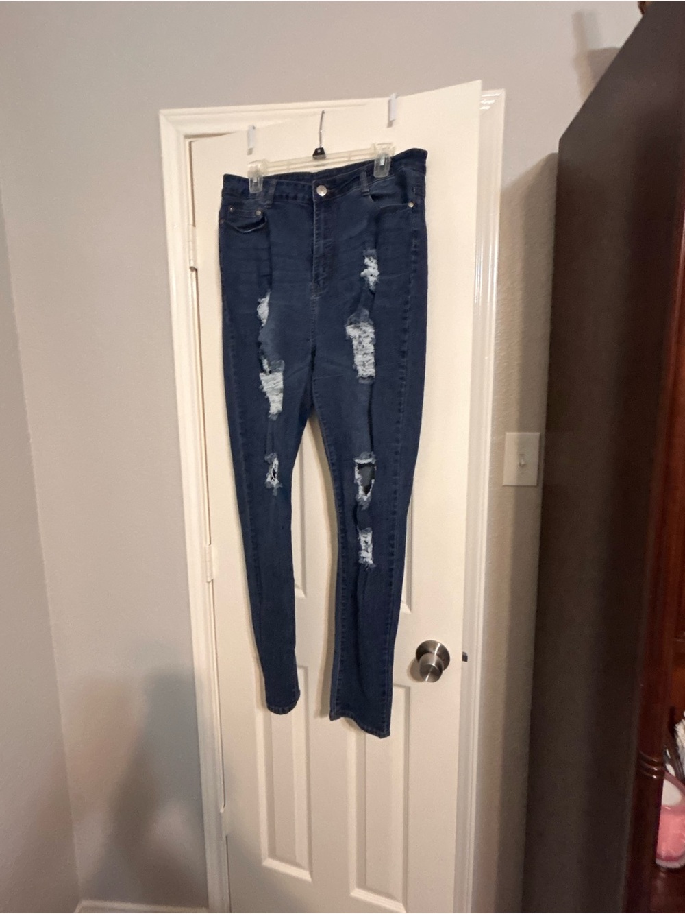 High-Rise Distressed Skinny Jeans - Navy Blue